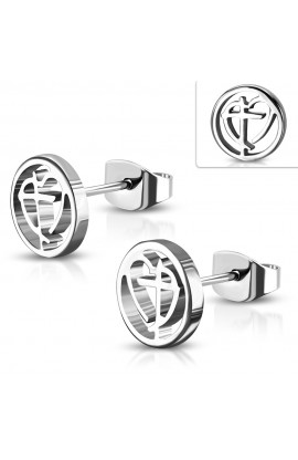 ST0330 - ST Cross Heart Round Circle Stud Earrings - - 1 