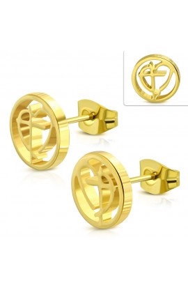 ST0333 - Gold Plated ST Cross Heart Round Circle Stud Earrings - - 1 