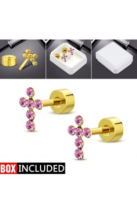 ST0336 - Gold Plated ST Cross Stud Earrings with Rose Pink CZ - - 1 