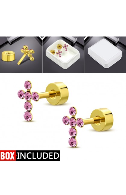 ST0336 - Gold Plated ST Cross Stud Earrings with Rose Pink CZ - - 1 