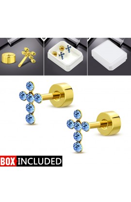 EWX274 Gold Plated ST Cross Stud Earrings with Blue CZ