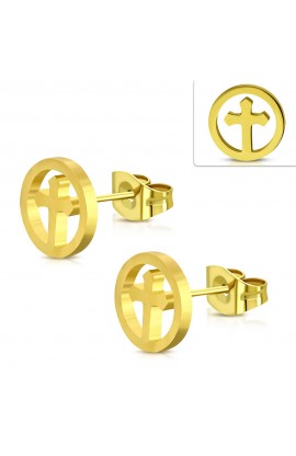 ZEM456 Gold Plated ST Cross Round Circle Stud Earrings