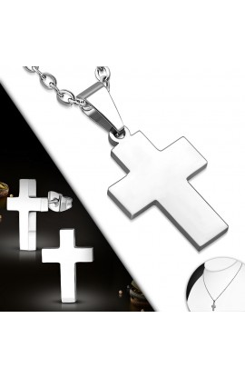 SSO340 ST Cross Charm Chain Necklace & Pair of Stud Earrings SET