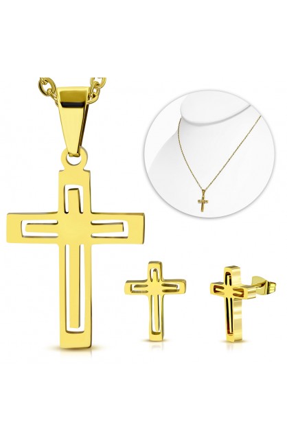 ST0374 - Gold Plated ST Cross Charm Chain Necklace & Pair of Earrings SET - - 1 