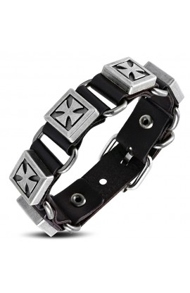 Genuine Leather Pattee Cross Square Stud Belt Buckle Bracelet