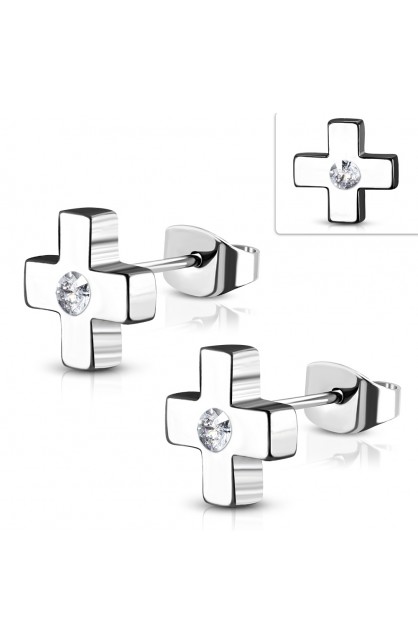 ST0481 - ST Plus Sign Cross Stud Earrings Clear CZ - - 1 