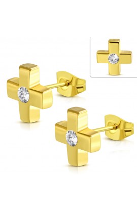 JES671 Gold Plated ST Cross Stud Earrings Clear CZ