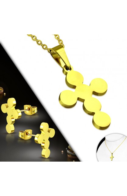 ST0497 - Gold Plated ST Flower Cross Charm Chain Necklace & Stud Earrings - - 1 