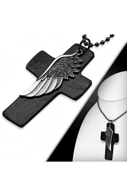 ST0500 - Eagle Wing Leather Black Cross Charm Military Ball Link Chain Necklace - - 1 