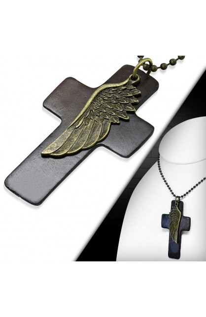 ST0501 - Eagle Wing Leather Brown Cross Charm Military Ball Link Chain Necklace - - 1 