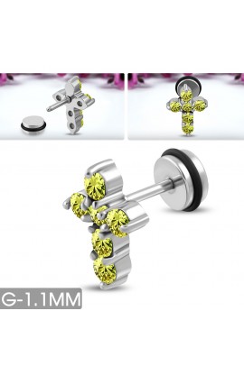 ST0505 - ST Flower Cross Faux Fake Ear Plug Yellow CZ & Ring - - 1 