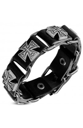 Genuine Black Leather Star Pattee Cross Stud Belt Buckle Bracelet