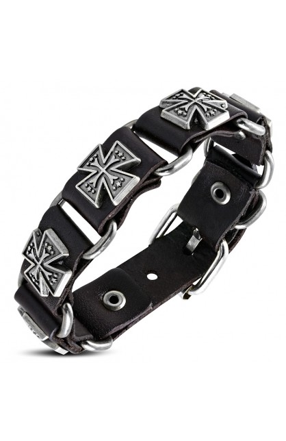 ST0508 - Genuine Dark Brown Leather Star Cross Stud Belt Buckle Bracelet - - 1 