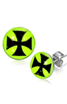 ST0220 - STAINLESS STEEL MALTESE CROSS LEMON GREEN EARRINGS - - 1 