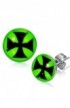 ST0221 - STAINLESS STEEL MALTESE CROSS GREEN CIRCLE STUD EARRINGS - - 1 