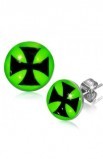 ST0221 - STAINLESS STEEL MALTESE CROSS GREEN CIRCLE STUD EARRINGS - - 1 