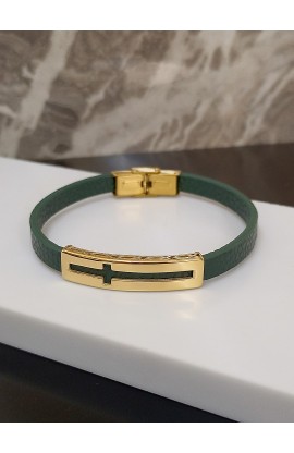 SC0249 - CROSS FISH GREEN LEATHER BRACELET GOLD PLATED - - 1 