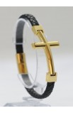 SC0293 - GOLD CROSS SINGLE LAP BLACK LEATHER BRACELET - - 8 