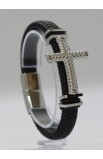 SC0286 - SILVER BIG CROSS SINGLE LAP BLACK LEATHER BRACELET - - 10 