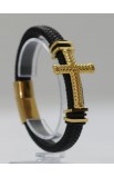 SC0288 - GOLD BIG CROSS SINGLE LAP BLACK LEATHER BRACELET - - 10 