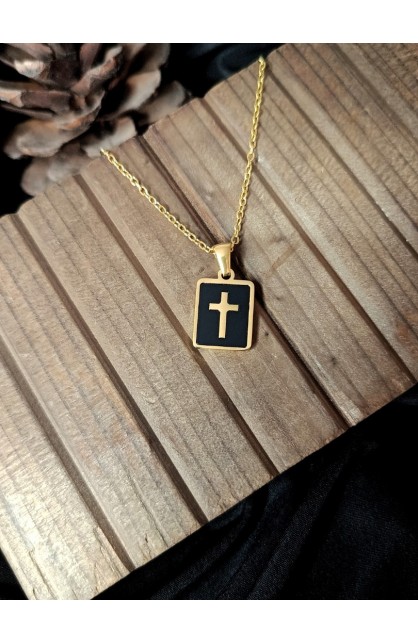 SC0311 - CROSS BLACK SQUARE SHELL NECKLACE GOLD - - 1 