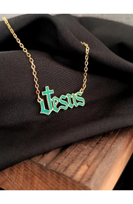 SC0319 - GREEN EPOXY FILLED JESUS NECKLACE - - 1 