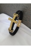 SC0288 - GOLD BIG CROSS SINGLE LAP BLACK LEATHER BRACELET - - 2 