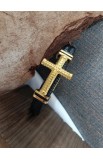 SC0288 - GOLD BIG CROSS SINGLE LAP BLACK LEATHER BRACELET - - 5 