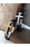 SC0288 - GOLD BIG CROSS SINGLE LAP BLACK LEATHER BRACELET - - 6 