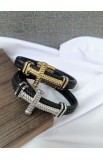 SC0288 - GOLD BIG CROSS SINGLE LAP BLACK LEATHER BRACELET - - 7 