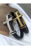 SC0288 - GOLD BIG CROSS SINGLE LAP BLACK LEATHER BRACELET - - 8 