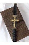 SC0288 - GOLD BIG CROSS SINGLE LAP BLACK LEATHER BRACELET - - 1 