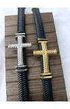 SC0288 - GOLD BIG CROSS SINGLE LAP BLACK LEATHER BRACELET - - 9 