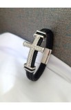 SC0286 - SILVER BIG CROSS SINGLE LAP BLACK LEATHER BRACELET - - 2 