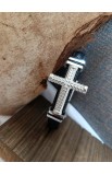 SC0286 - SILVER BIG CROSS SINGLE LAP BLACK LEATHER BRACELET - - 5 