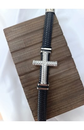 SC0286 - SILVER BIG CROSS SINGLE LAP BLACK LEATHER BRACELET - - 1 