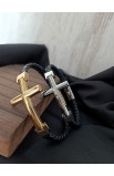 SC0293 - GOLD CROSS SINGLE LAP BLACK LEATHER BRACELET - - 4 