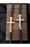 SC0293 - GOLD CROSS SINGLE LAP BLACK LEATHER BRACELET - - 5 