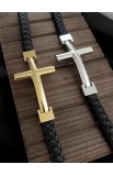 SC0293 - GOLD CROSS SINGLE LAP BLACK LEATHER BRACELET - - 6 