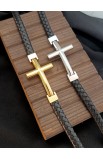 SC0293 - GOLD CROSS SINGLE LAP BLACK LEATHER BRACELET - - 7 