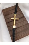 SC0293 - GOLD CROSS SINGLE LAP BLACK LEATHER BRACELET - - 1 