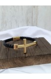 SC0293 - GOLD CROSS SINGLE LAP BLACK LEATHER BRACELET - - 2 