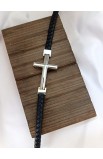 SC0292 - SILVER CROSS SINGLE LAP BLACK LEATHER BRACELET - - 1 