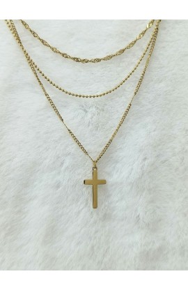 SC0310 - TRIPLE CHAIN CROSS NECKLACE GOLD - - 1 