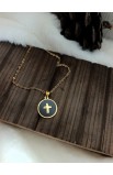 SC0297 - CROSS BLACK ROUND SHELL NECKLACE GOLD - - 3 