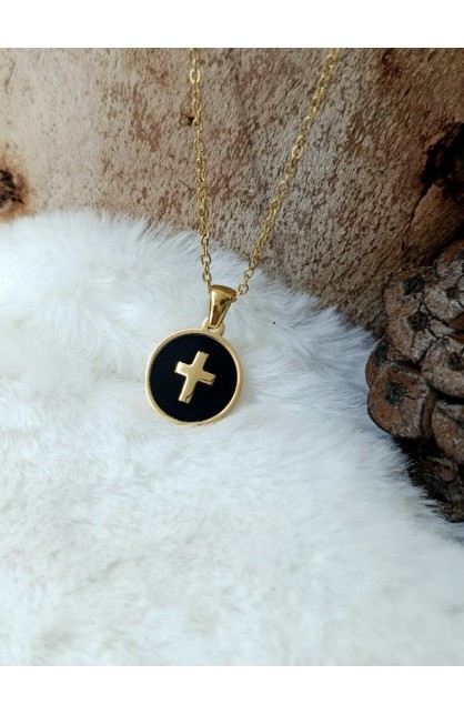 SC0297 - CROSS BLACK ROUND SHELL NECKLACE GOLD - - 1 