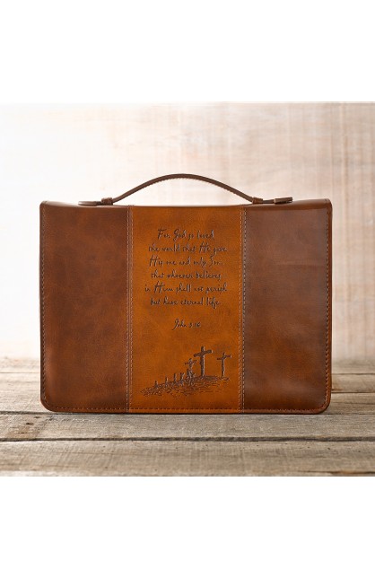 BBM483 - Two Tone LuxLeather Bible Cover in Brown & Tan Featuring John 3:16 (Medium) - - 1 